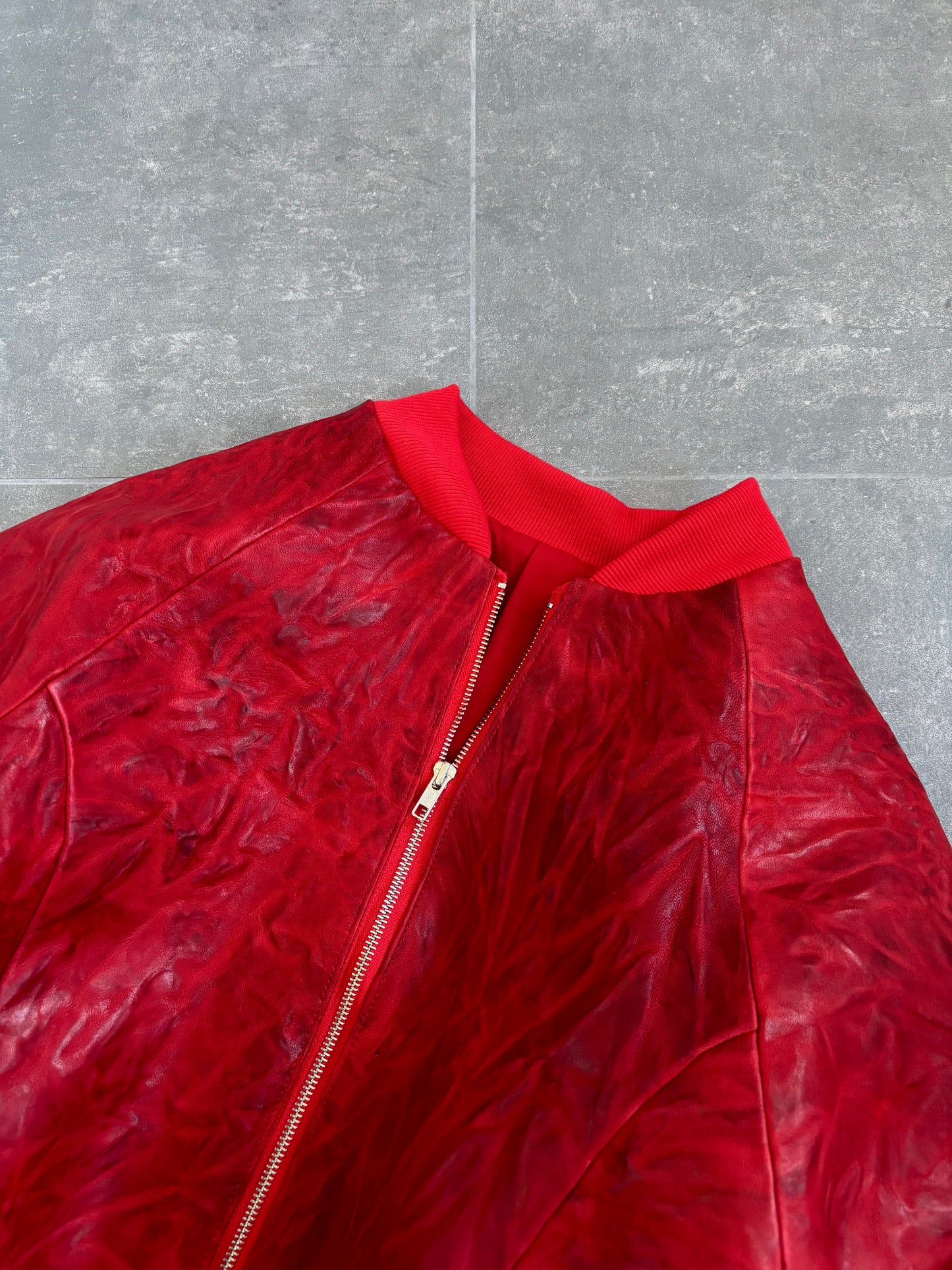 RED CRINKLED LEATHER BOMBER