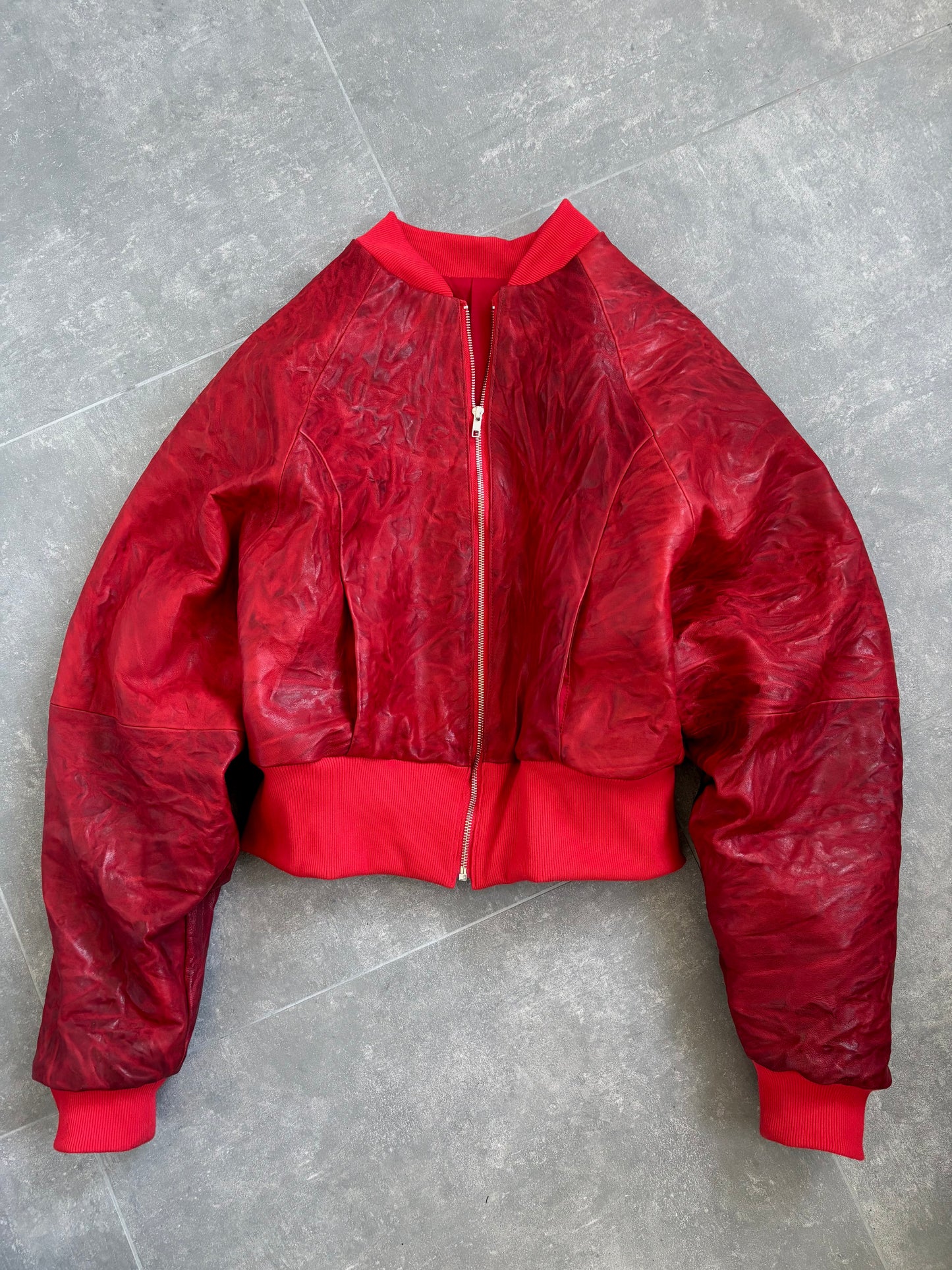 RED CRINKLED LEATHER BOMBER