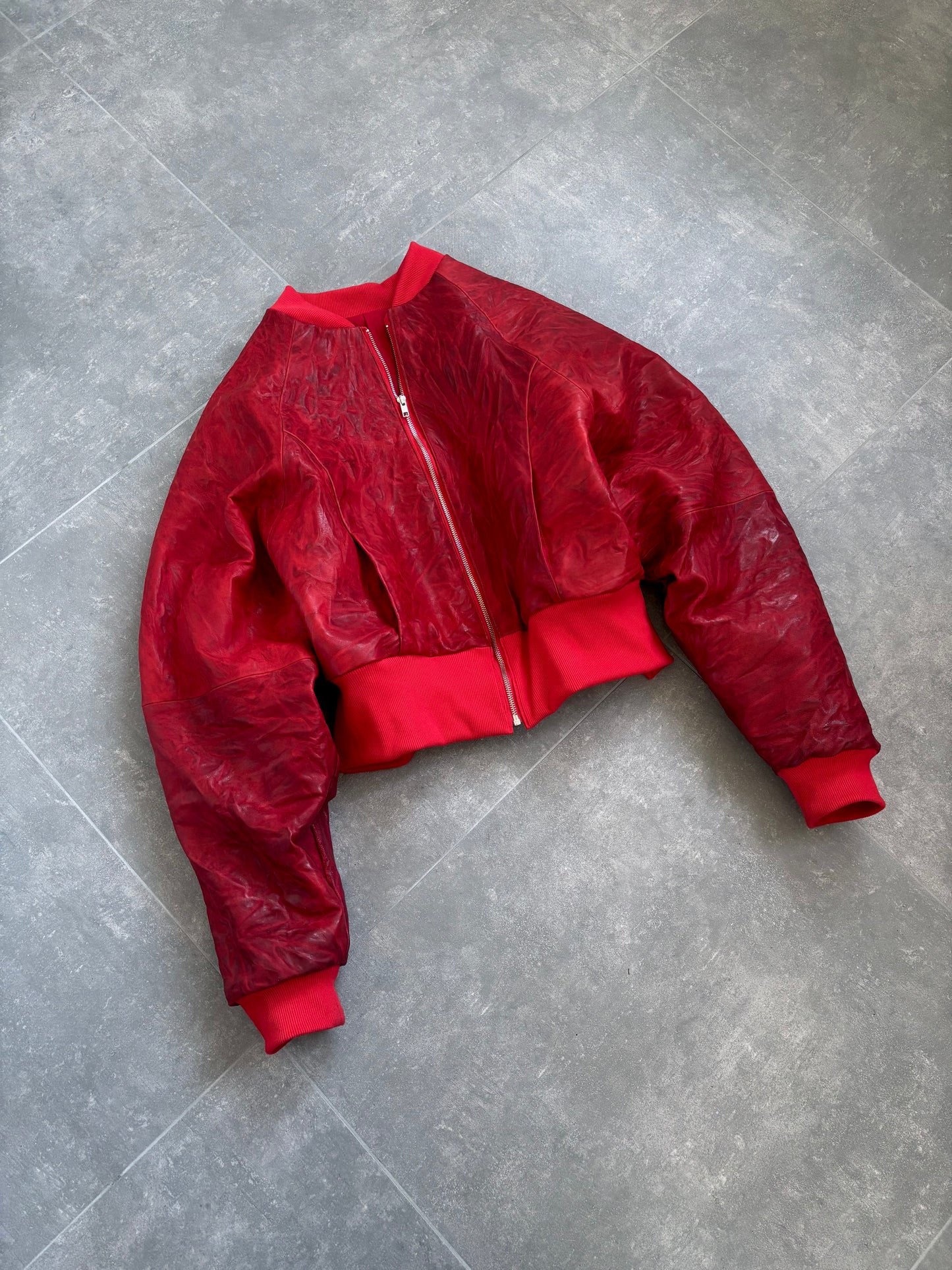 RED CRINKLED LEATHER BOMBER