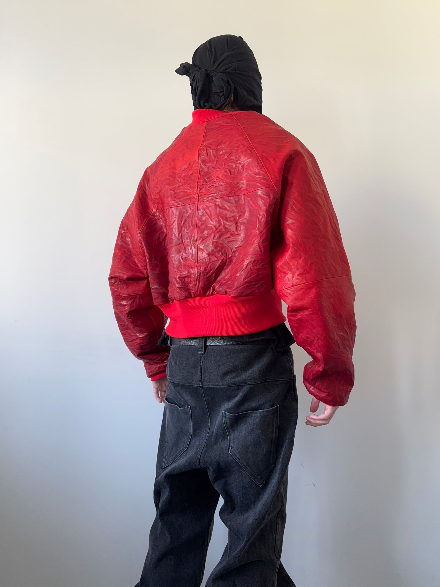 RED CRINKLED LEATHER BOMBER